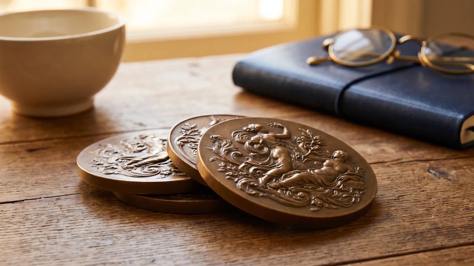 A short stack of high-relief bronze medals on a desk