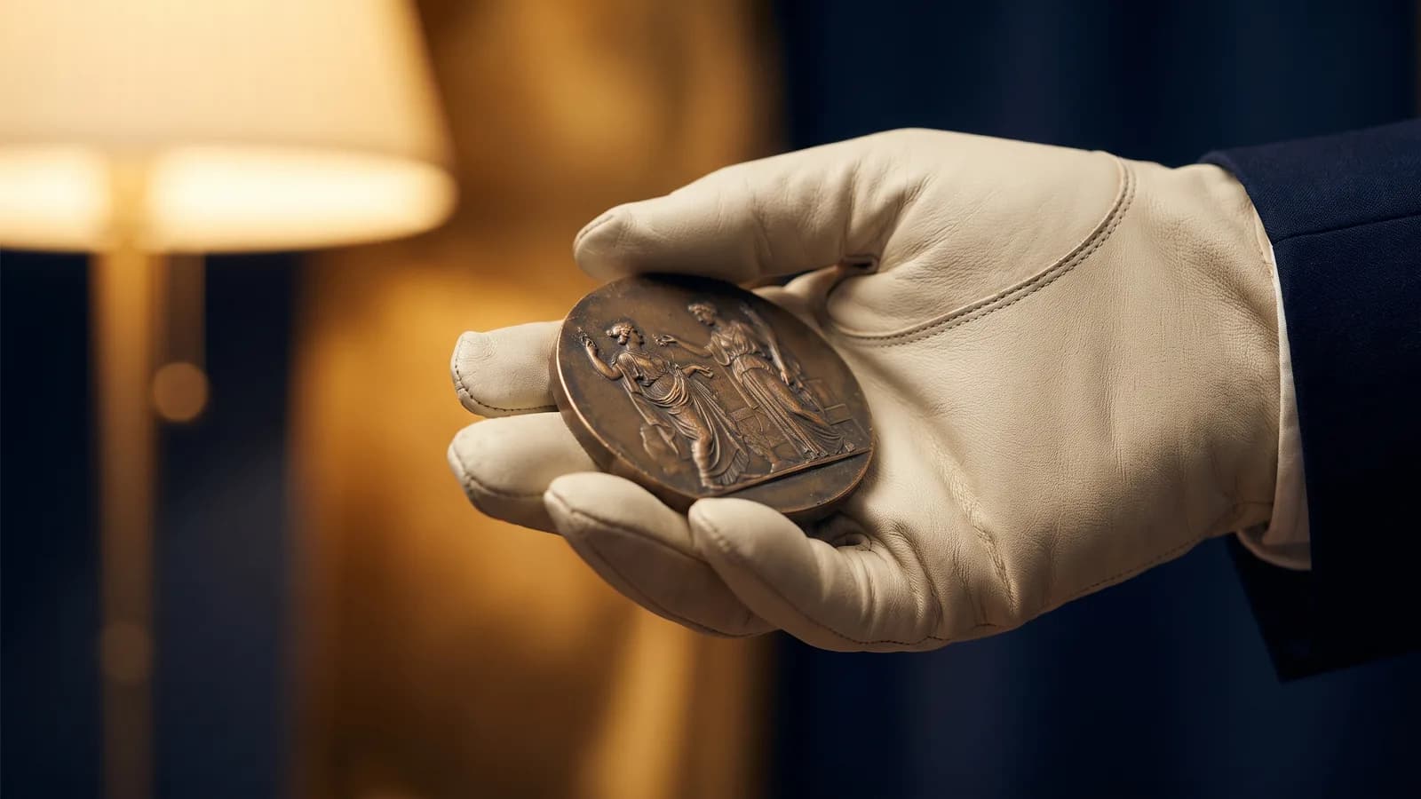 A bronze figural medal held to the light
