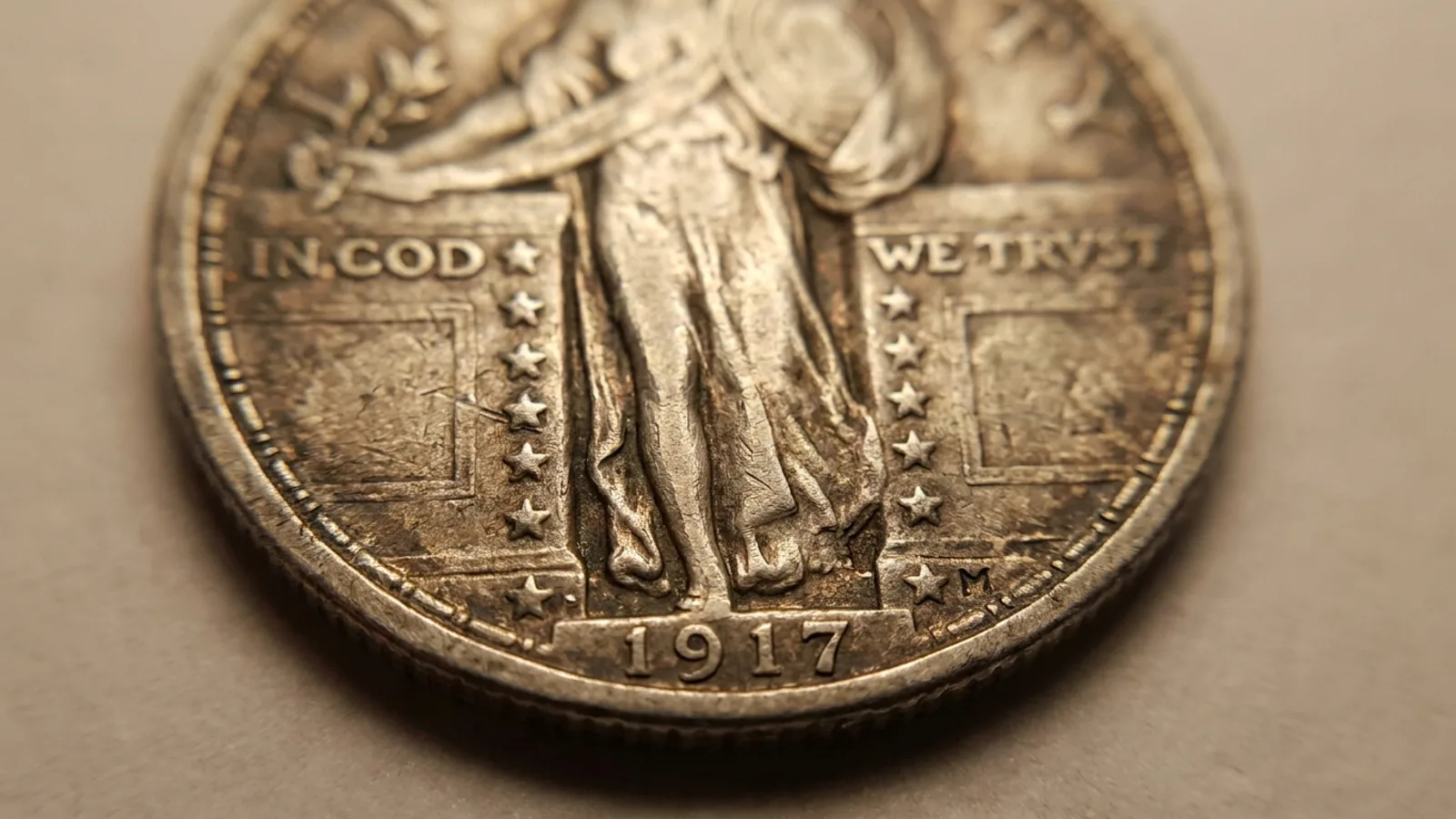 A Standing Liberty quarter showing the Type 2 design and date area