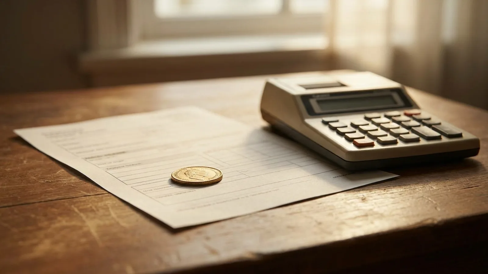 A gold coin resting on top of an IRS tax form beside a calculator