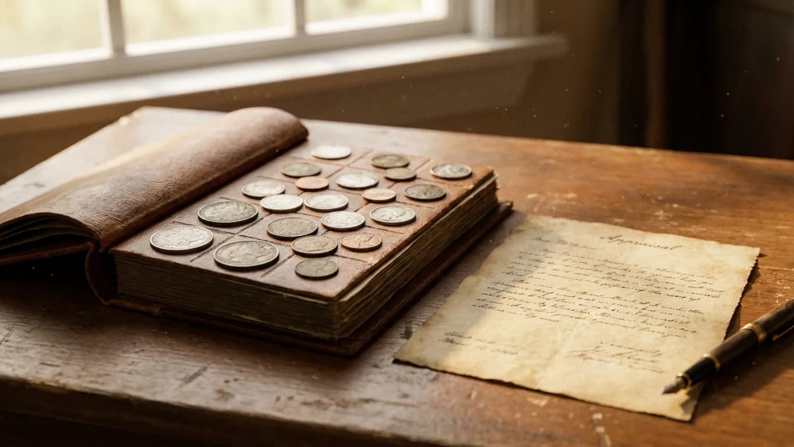 An inherited coin collection in an album next to an appraisal document