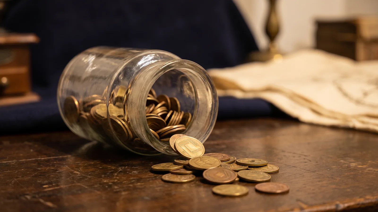 A jar spilling metal transit tokens onto a table
