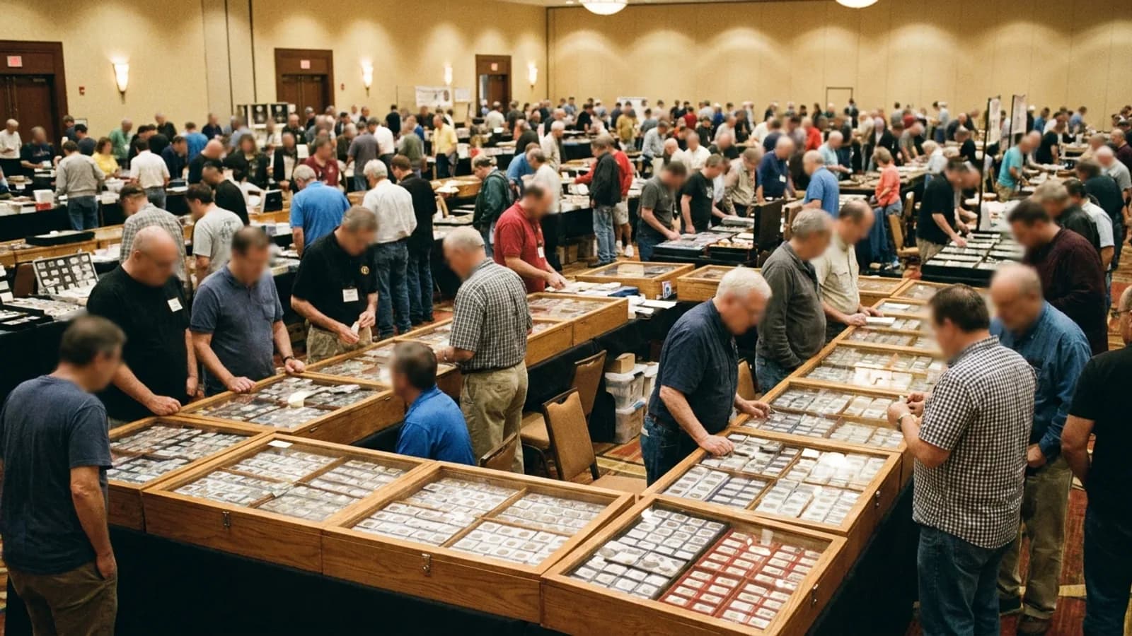 Dealers and collectors at tables on a busy coin show bourse floor