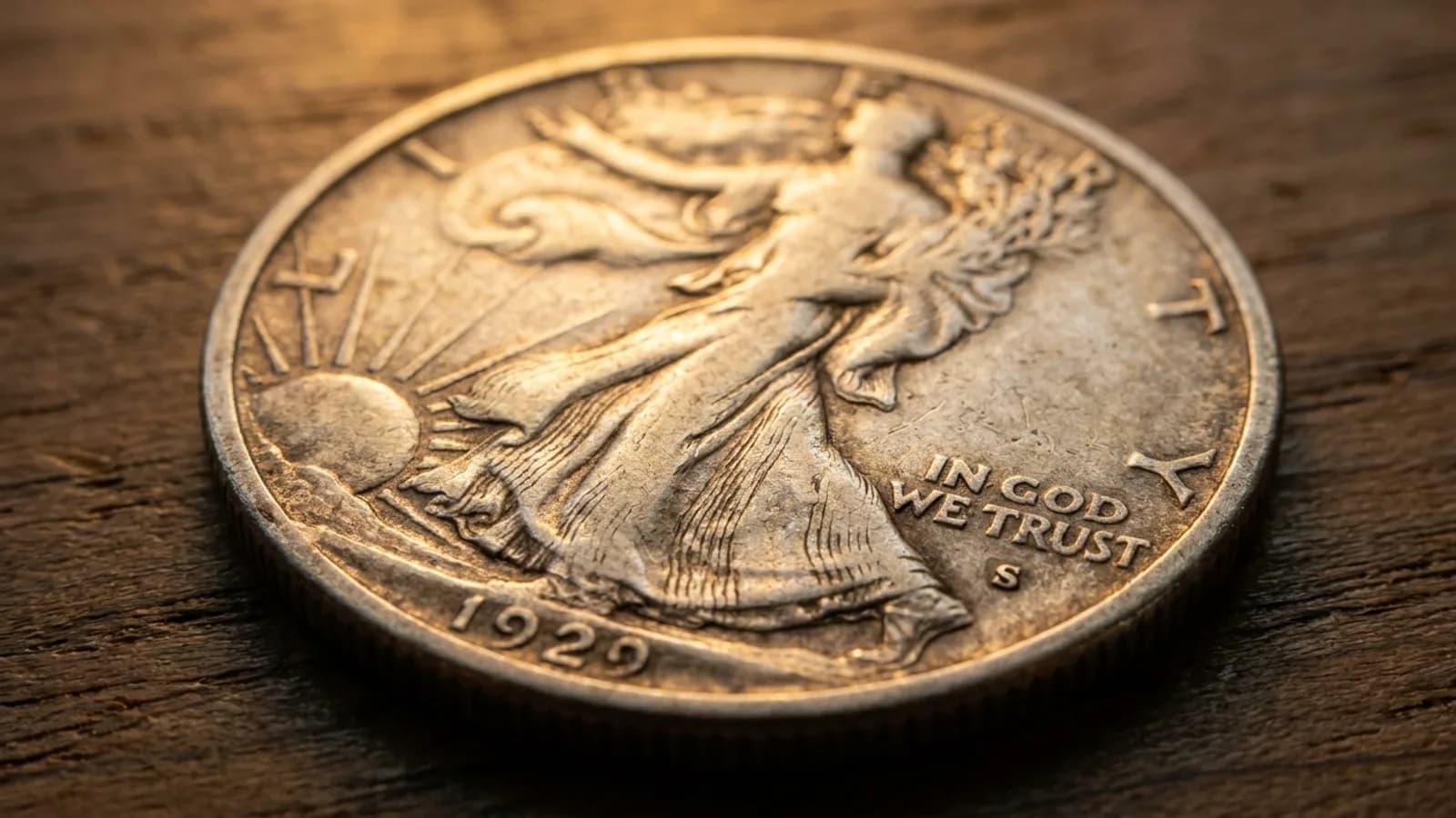 A Walking Liberty half dollar showing the design and mint mark placement