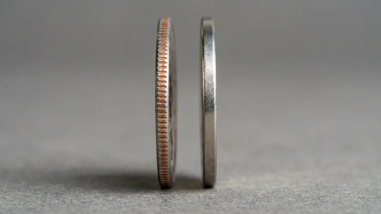 The edge of a quarter showing the copper stripe of a clad coin versus a solid silver edge