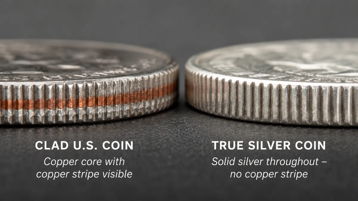 The edge of a clad coin showing a copper stripe next to a solid silver coin edge