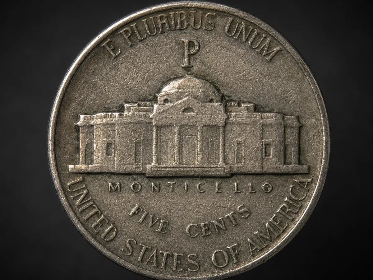 The reverse of a 1943 silver war nickel showing the large mint mark above Monticello