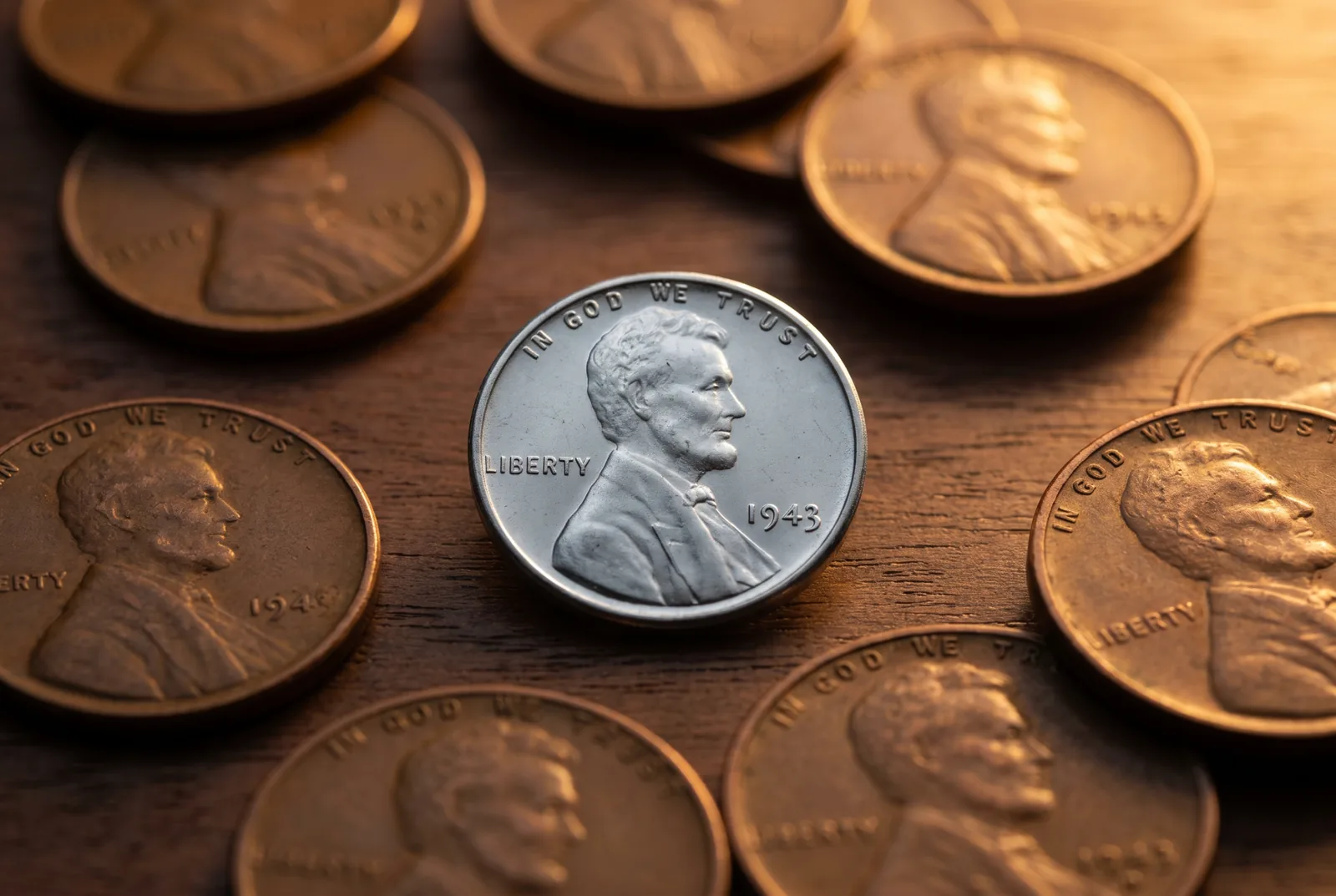 A silvery 1943 steel Lincoln cent beside ordinary copper wheat pennies
