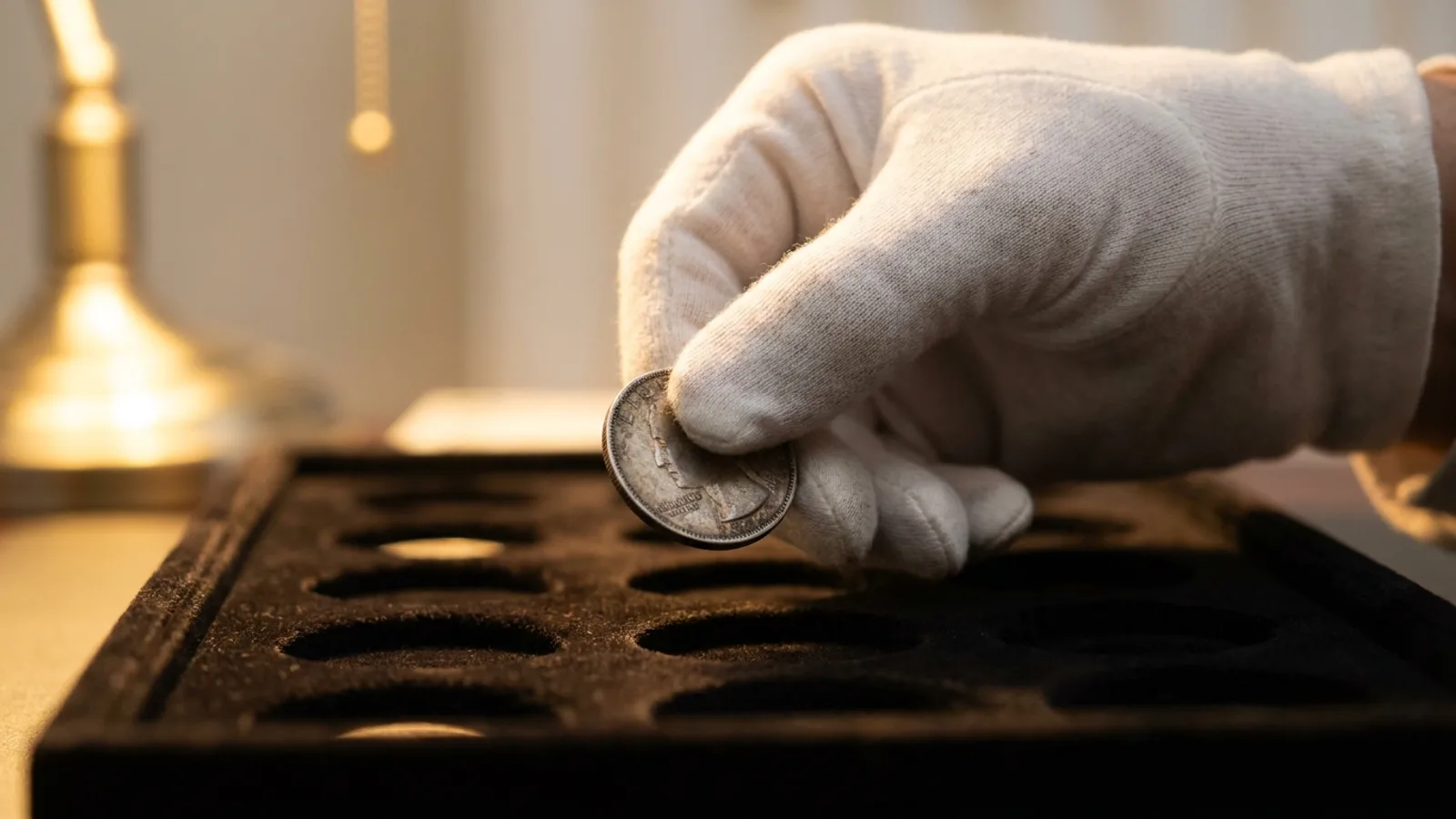 A gloved hand holding a coin by its edge over a soft tray instead of wiping its surface