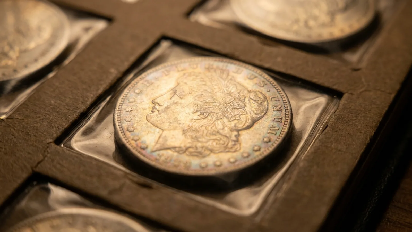 A naturally toned silver dollar showing soft gold and blue patina resting in a coin album