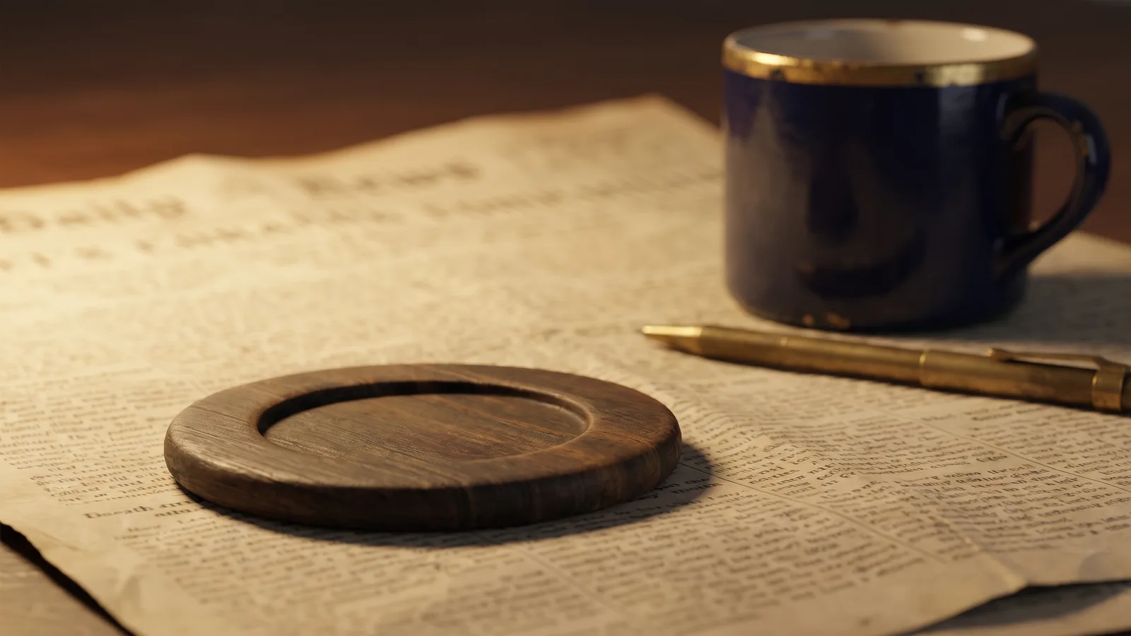 A single round wooden token on a 1930s newspaper