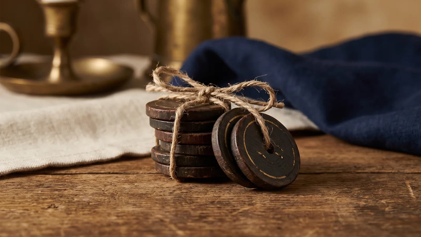 A stack of wooden nickels bound with twine