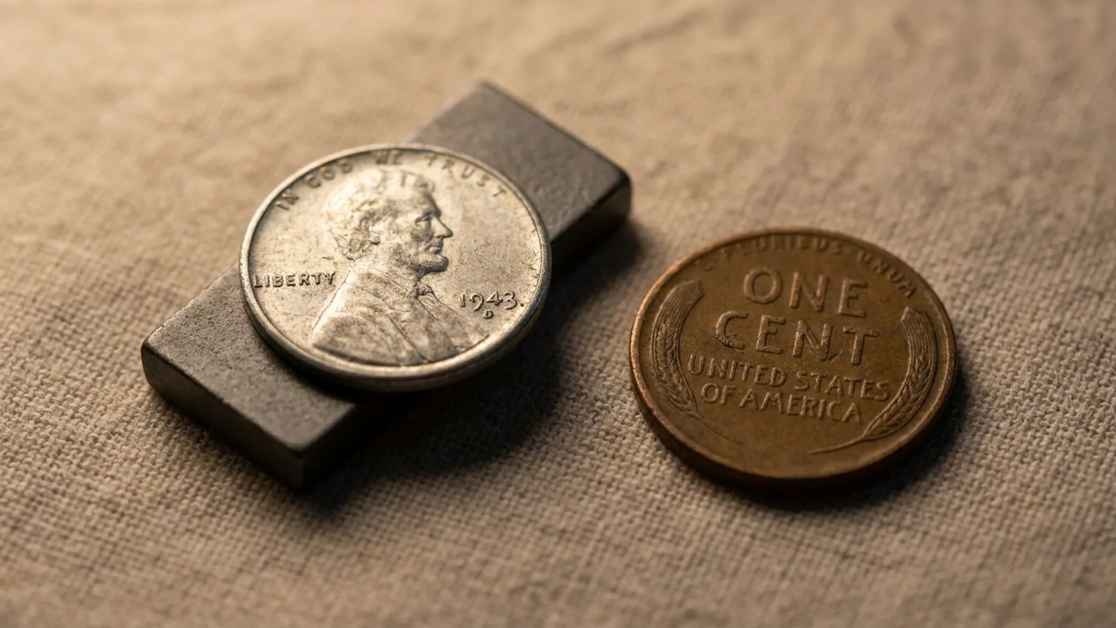 A 1943 steel cent sticking to a magnet next to a non-magnetic copper cent
