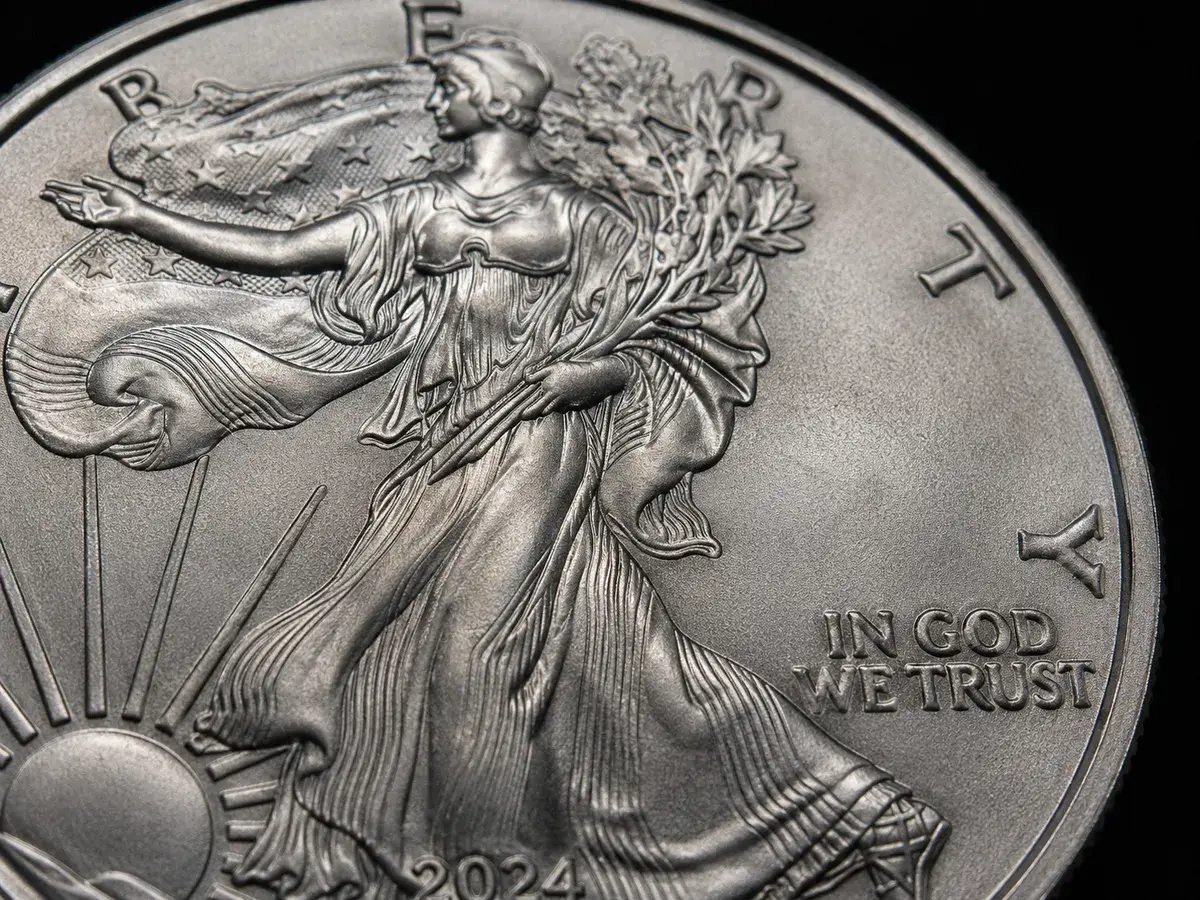 An American Silver Eagle obverse showing the Walking Liberty design