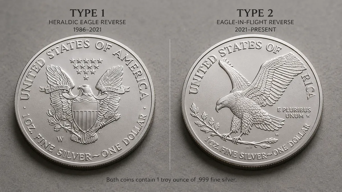 The Type 1 heraldic eagle reverse beside the Type 2 eagle-in-flight reverse of a Silver Eagle