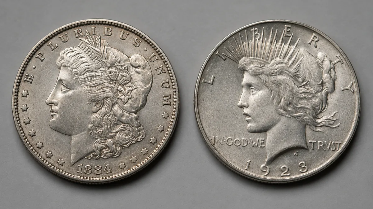 A Morgan silver dollar and a Peace silver dollar side by side