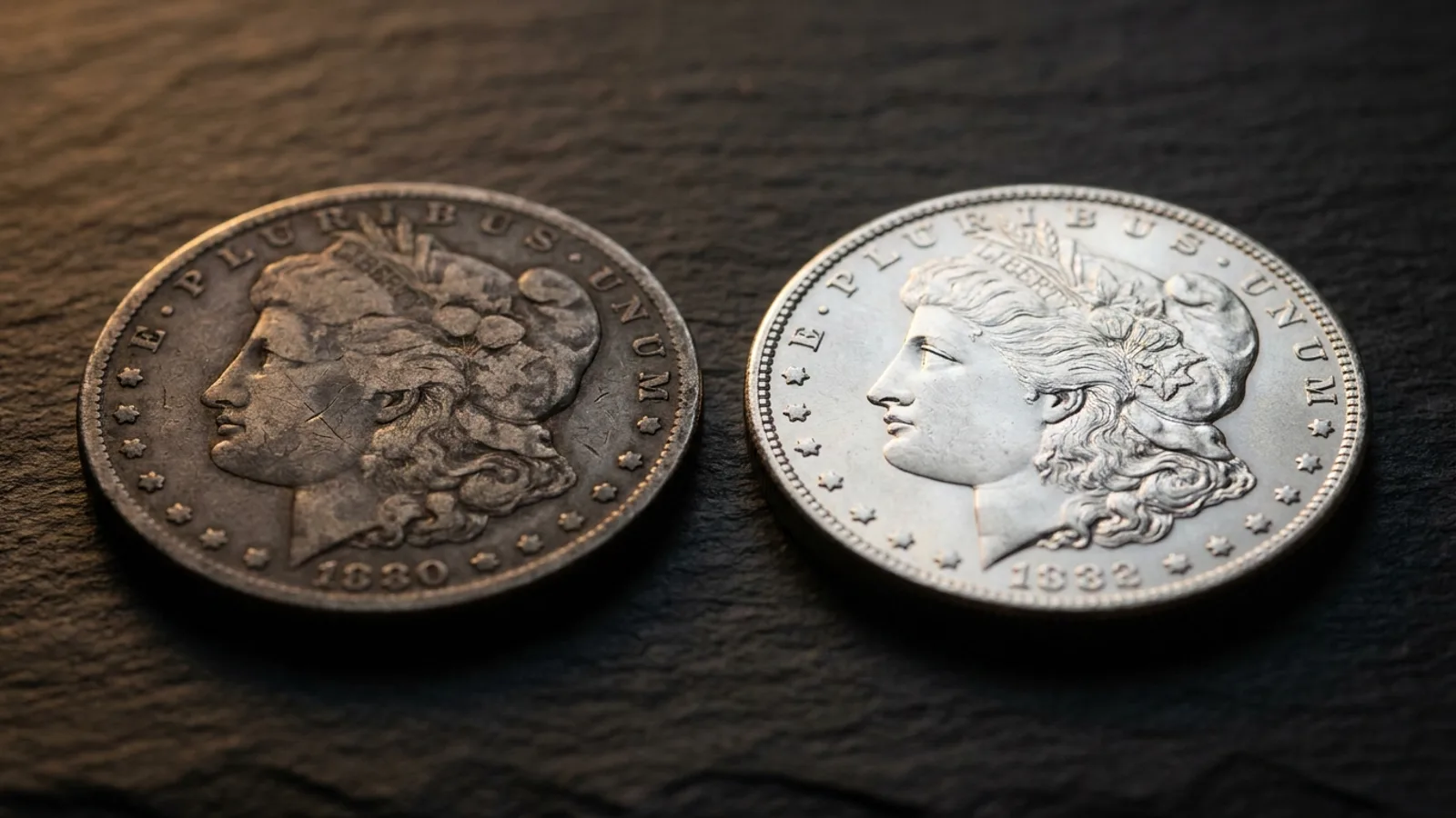 A worn circulated coin beside a sharp mint-state example for grade comparison