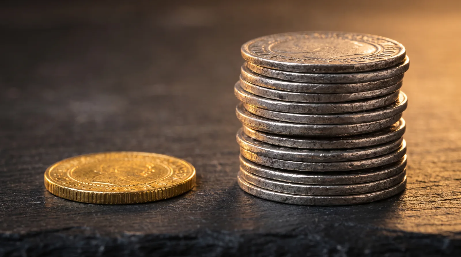 A gold coin beside a stack of silver coins illustrating the gold-silver ratio
