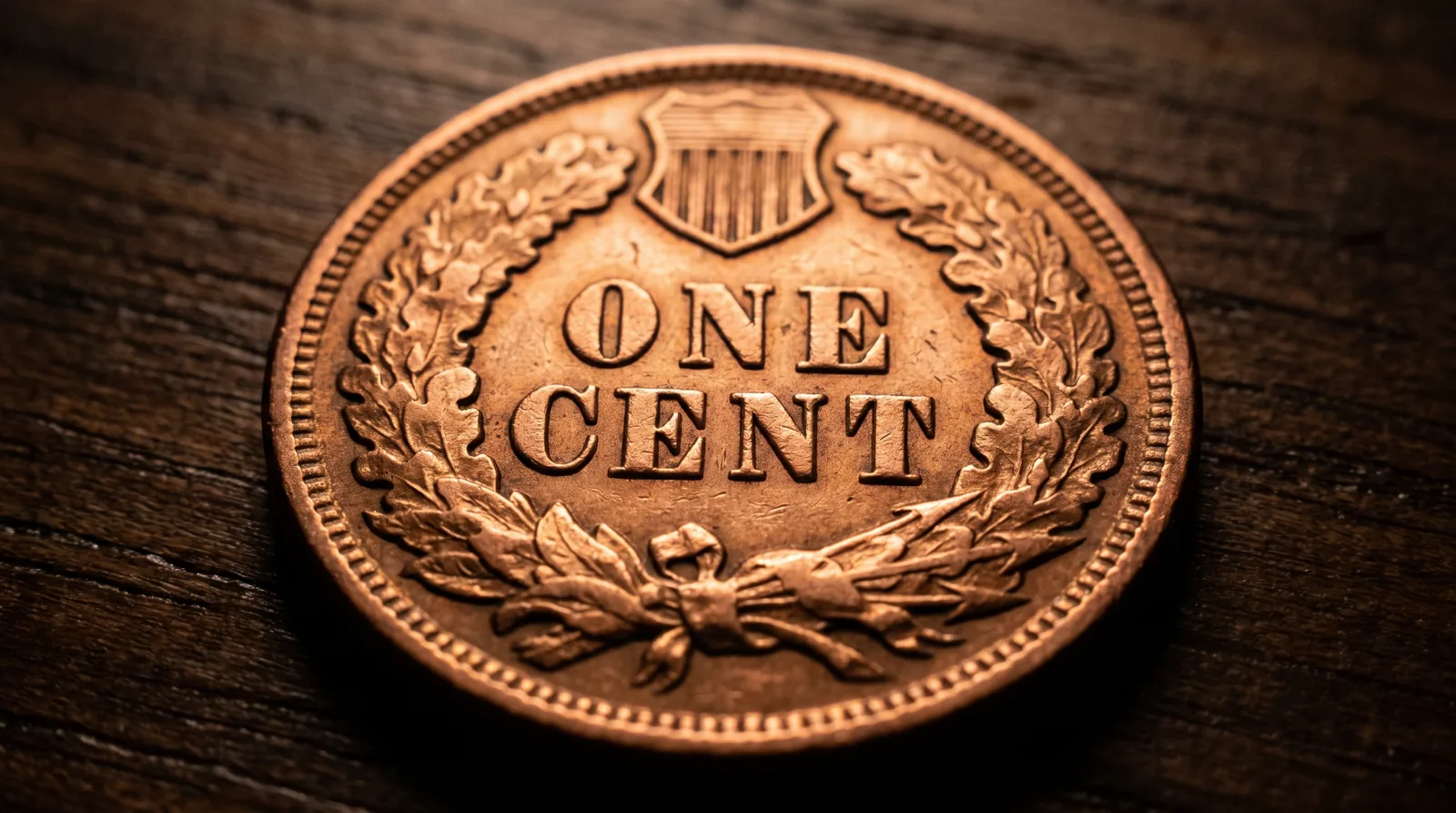 The reverse of an Indian Head cent showing the oak wreath and shield