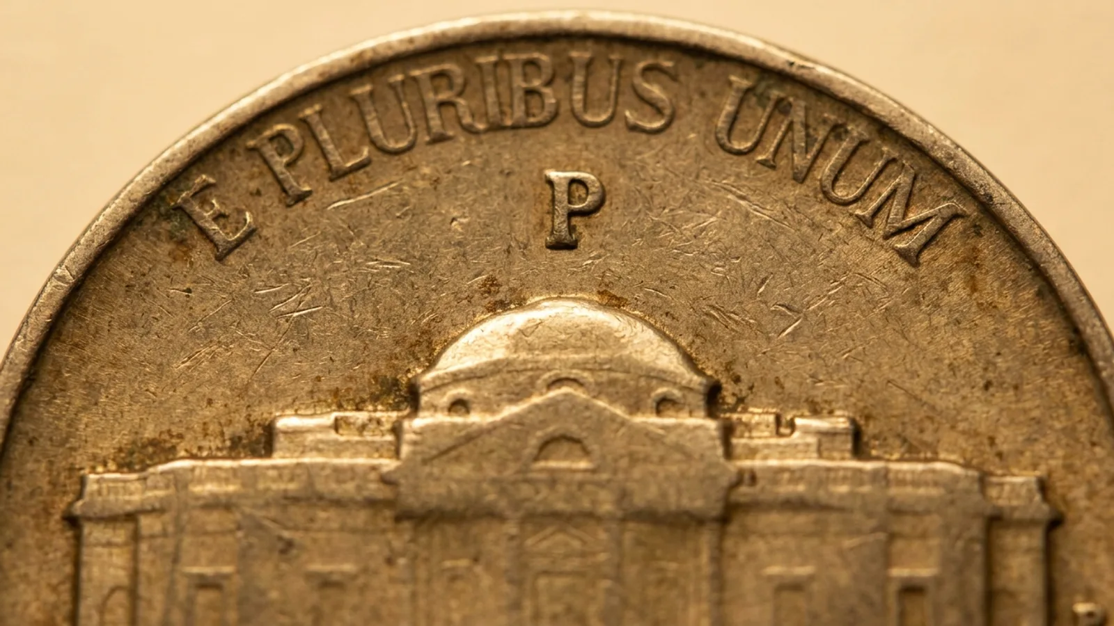 A wartime Jefferson nickel with the large mint mark above Monticello
