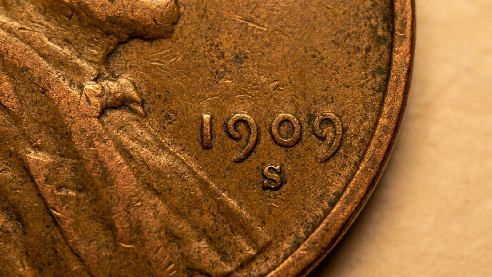 A 1909-S VDB Lincoln cent showing the S mint mark and VDB initials