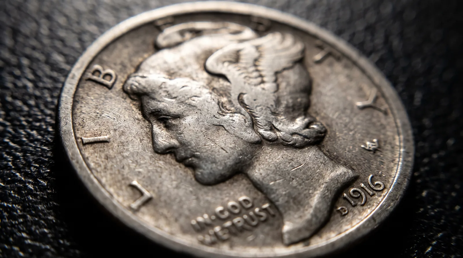 A 1916-D Mercury dime, the key date of the series
