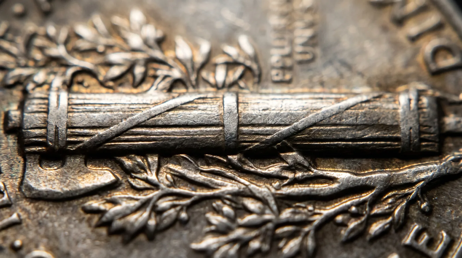 Macro of a Mercury dime reverse fasces showing full split bands