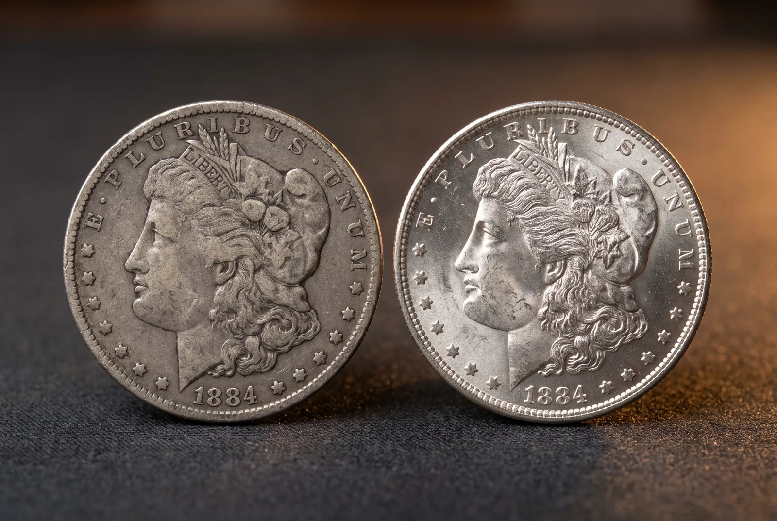 A worn circulated Morgan dollar beside a lustrous uncirculated example