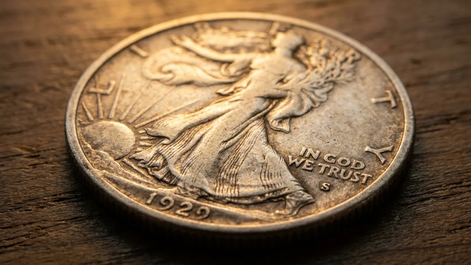 A Walking Liberty half dollar showing the design and mint mark placement