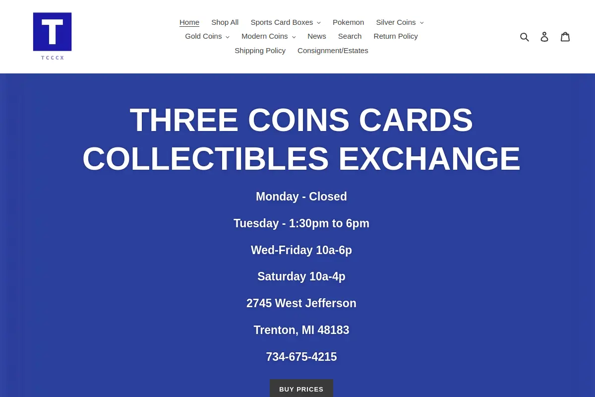 Three Coins Cards Collectibles Exchange website
